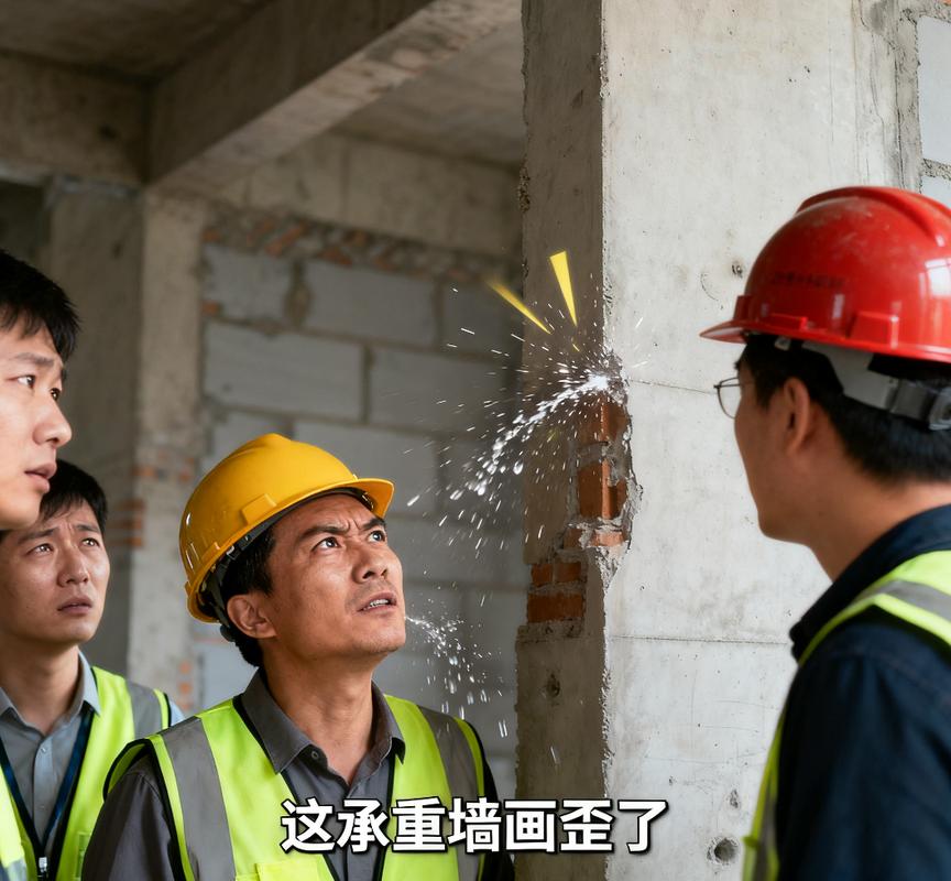 門衛在傳達室看報紙,設計師對模型爭論,他走過去:這承重墻畫歪了
